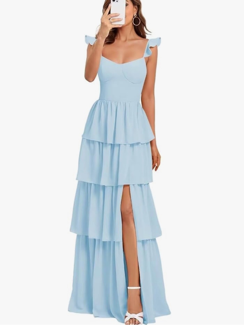 Tiered Ruffle Chiffon Maxi Dress - Light Blue